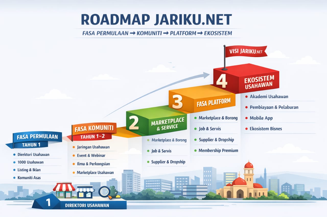 ROADMAP BESAR JARIKU.NET (3 TAHUN) FASA PERMULAAN → KOMUNITI → PLATFORM → EKOSISTEM